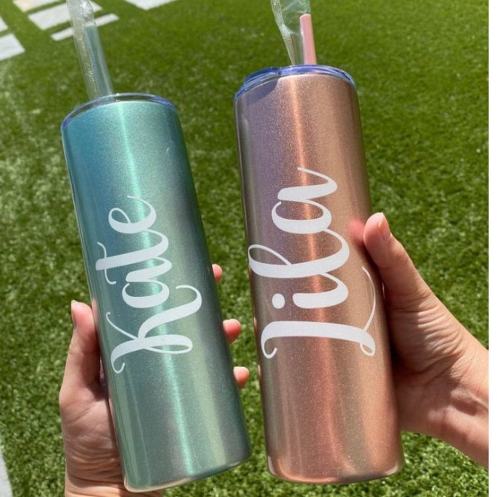 New Script Name Skinny Tumbler with straw & Decal